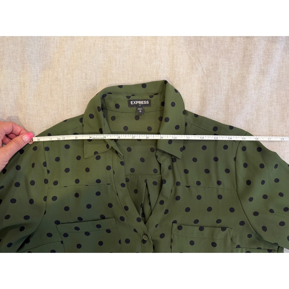 Express olive green polka dot Portofino shirt button-down top point collar S/P - Picture 5 of 7